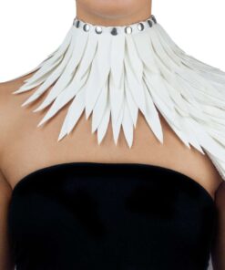 One-shoulder collar, with long feathers in inner tube, lined with fabric, corset fastening. without studs