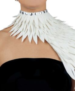 One-shoulder collar, with short feathers in inner tube, lined with fabric, studded corset fastening